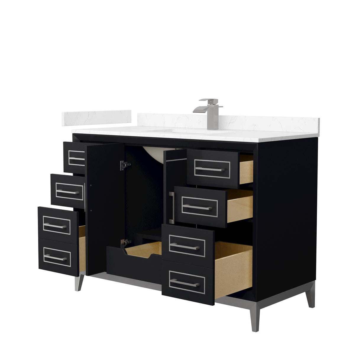 Marlena 48 Inch Single Bathroom Vanity in Black Carrara Cultured Marble Countertop Undermount Square Sink Brushed Nickel Trim