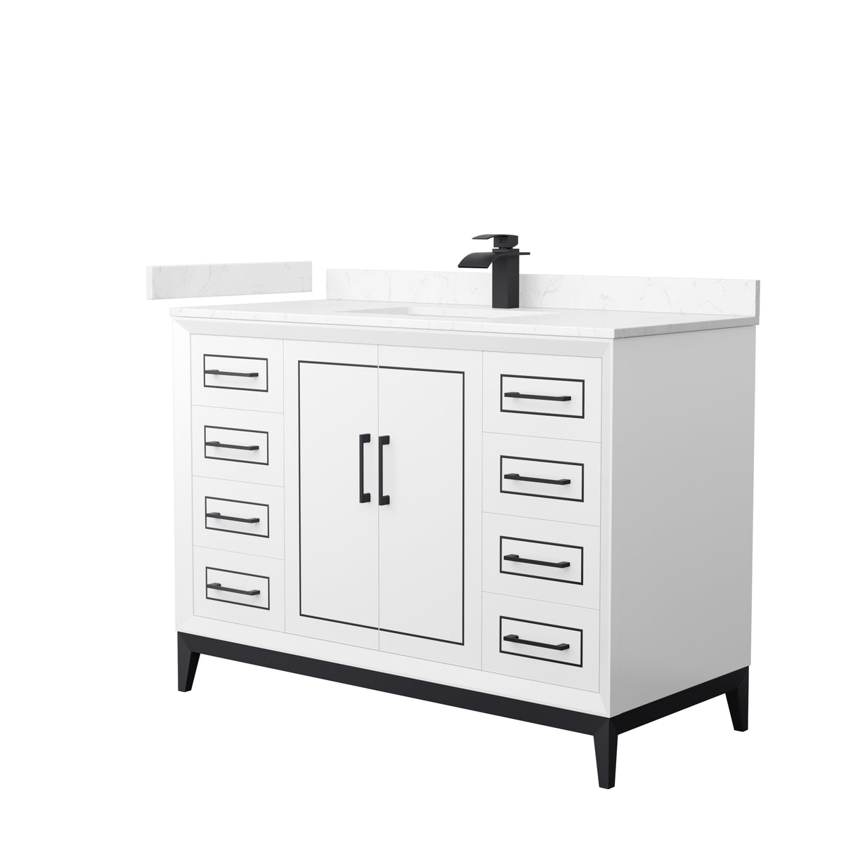 Marlena 48 Inch Single Bathroom Vanity in White Carrara Cultured Marble Countertop Undermount Square Sink Matte Black Trim