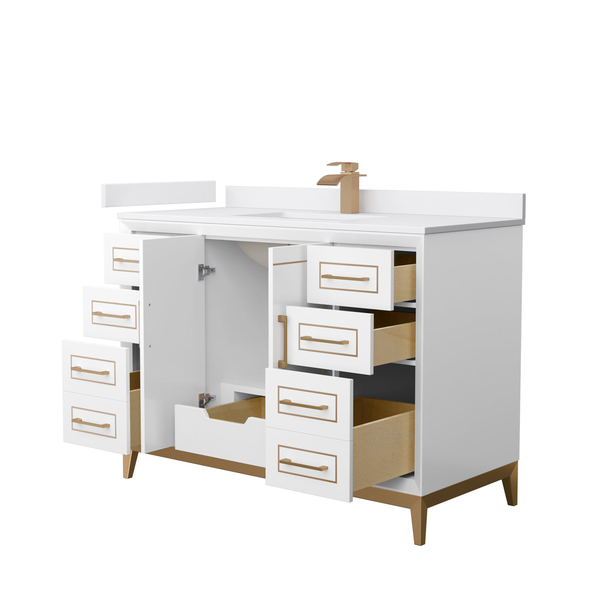Marlena 48 Inch Single Bathroom Vanity in White White Cultured Marble Countertop Undermount Square Sink Satin Bronze Trim