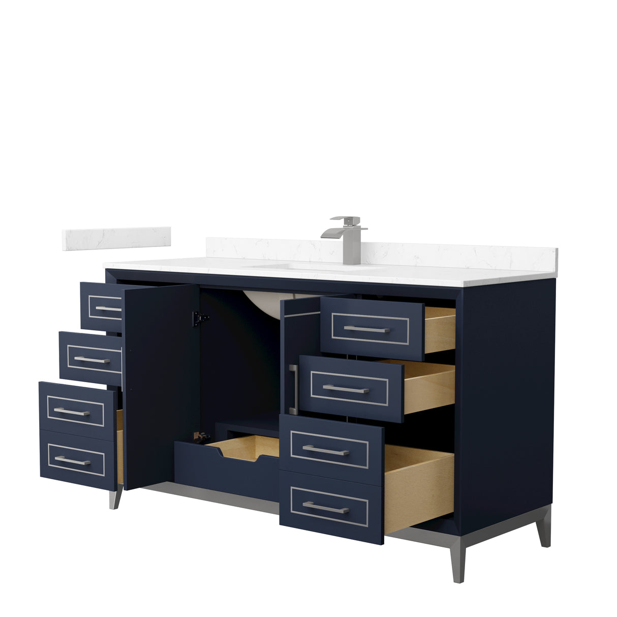 Marlena 60 Inch Single Bathroom Vanity in Dark Blue Carrara Cultured Marble Countertop Undermount Square Sink Brushed Nickel Trim