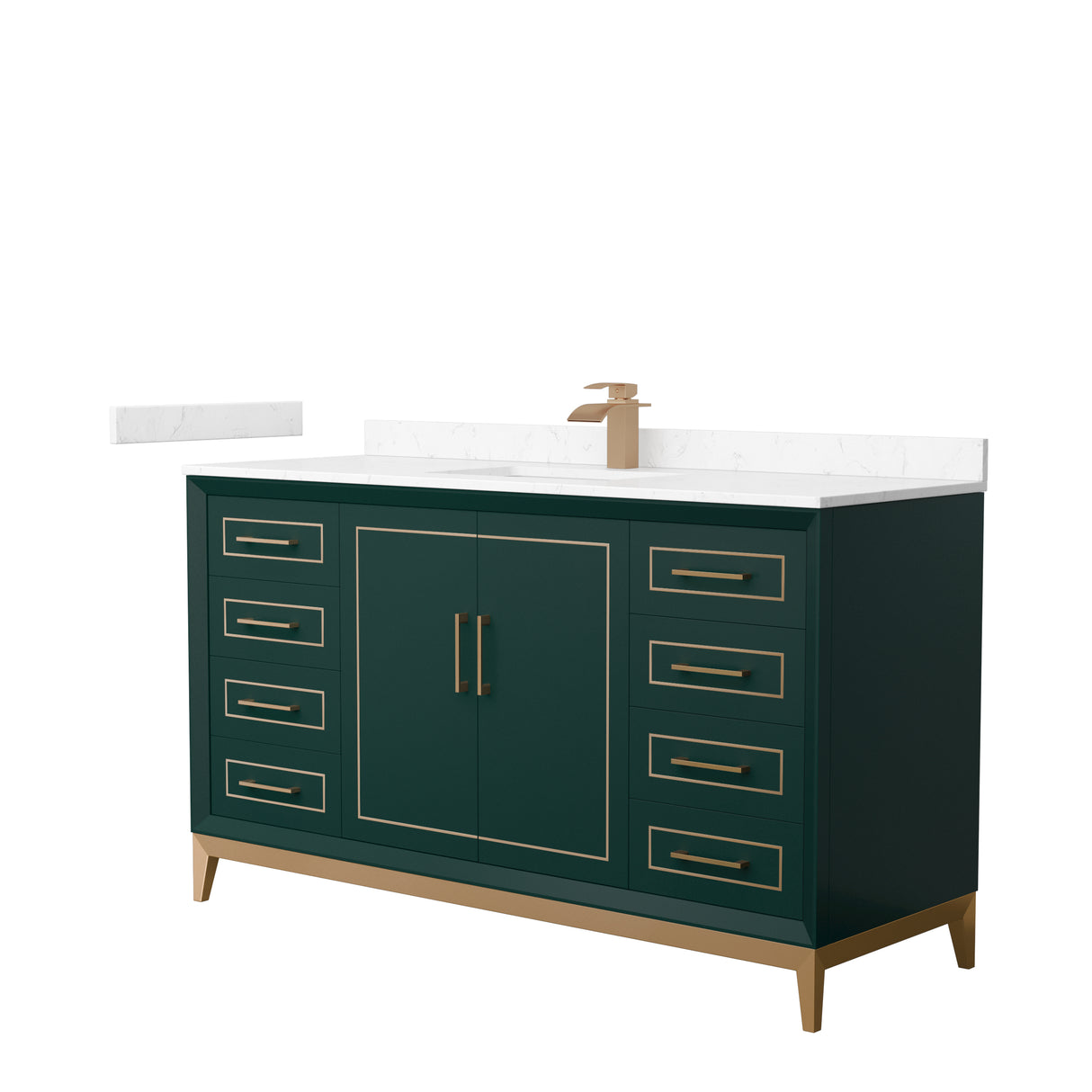 Marlena 60 Inch Single Bathroom Vanity in Green Carrara Cultured Marble Countertop Undermount Square Sink Satin Bronze Trim