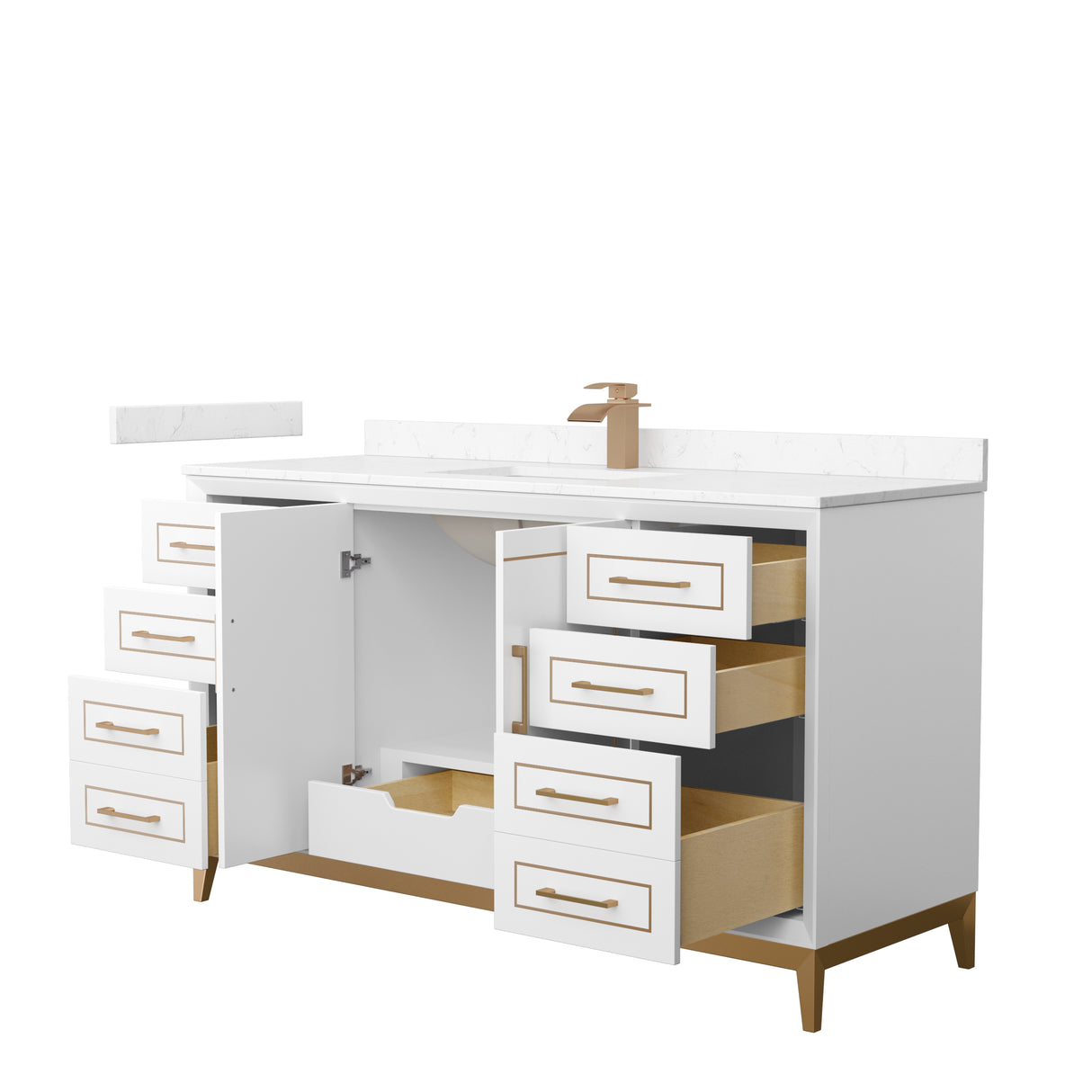 Marlena 60 Inch Single Bathroom Vanity in White Carrara Cultured Marble Countertop Undermount Square Sink Satin Bronze Trim