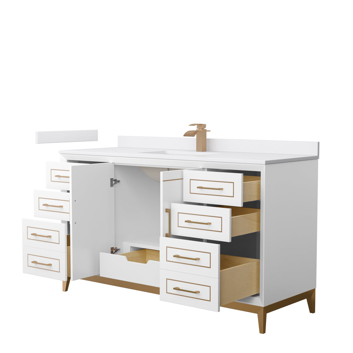 Marlena 60 Inch Single Bathroom Vanity in White White Cultured Marble Countertop Undermount Square Sink Satin Bronze Trim
