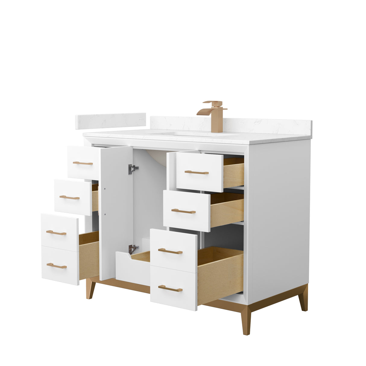 Amici 42 Inch Single Bathroom Vanity in White Carrara Cultured Marble Countertop Undermount Square Sink Satin Bronze Trim