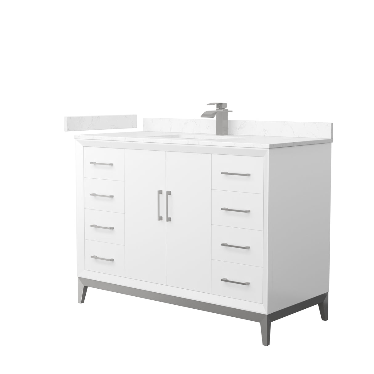 Amici 48 Inch Single Bathroom Vanity in White Carrara Cultured Marble Countertop Undermount Square Sink Brushed Nickel Trim