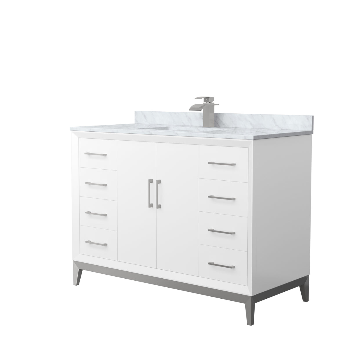 Amici 48 Inch Single Bathroom Vanity in White White Carrara Marble Countertop Undermount Square Sink Brushed Nickel Trim