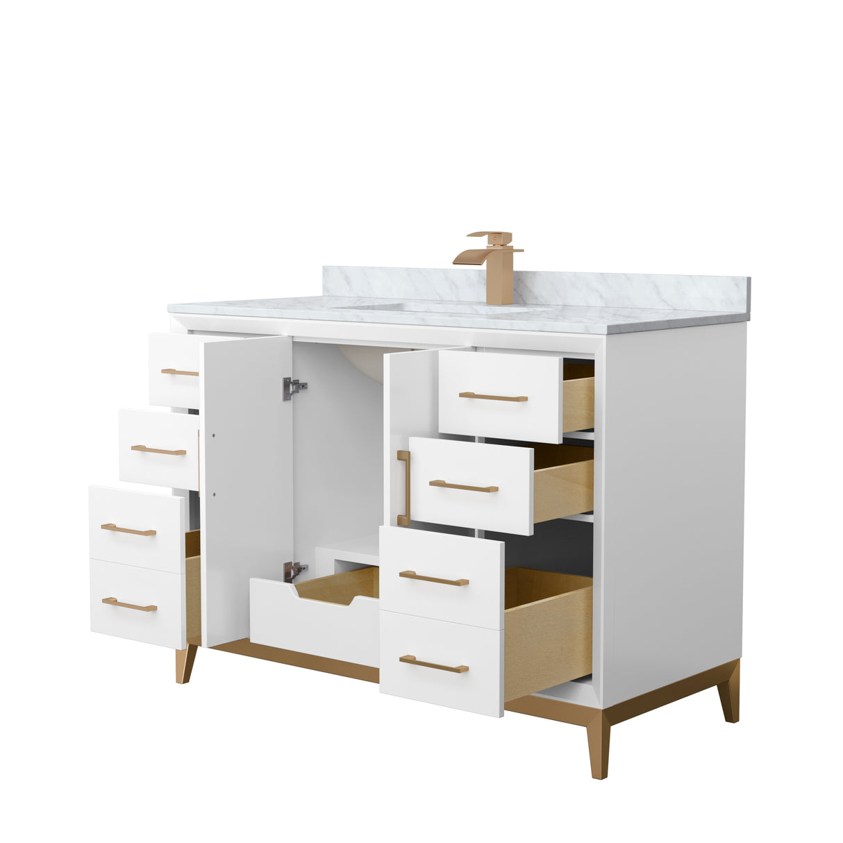 Amici 48 Inch Single Bathroom Vanity in White White Carrara Marble Countertop Undermount Square Sink Satin Bronze Trim