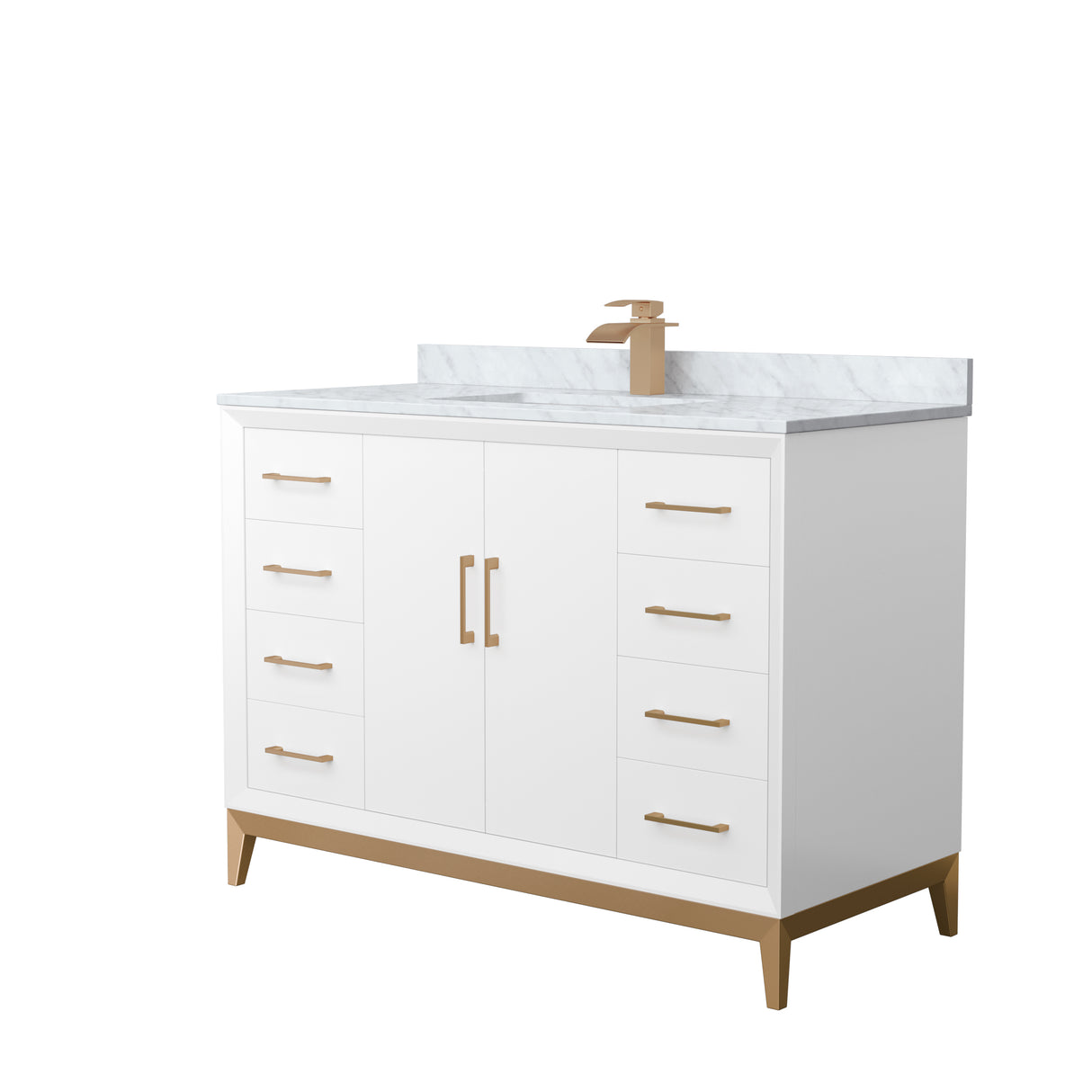 Amici 48 Inch Single Bathroom Vanity in White White Carrara Marble Countertop Undermount Square Sink Satin Bronze Trim