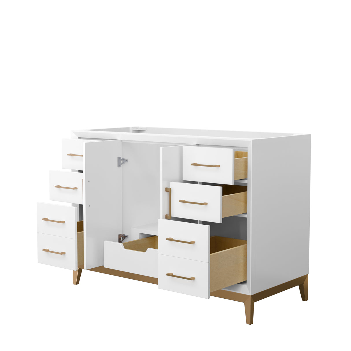 Amici 48 Inch Single Bathroom Vanity in White No Countertop No Sink Satin Bronze Trim