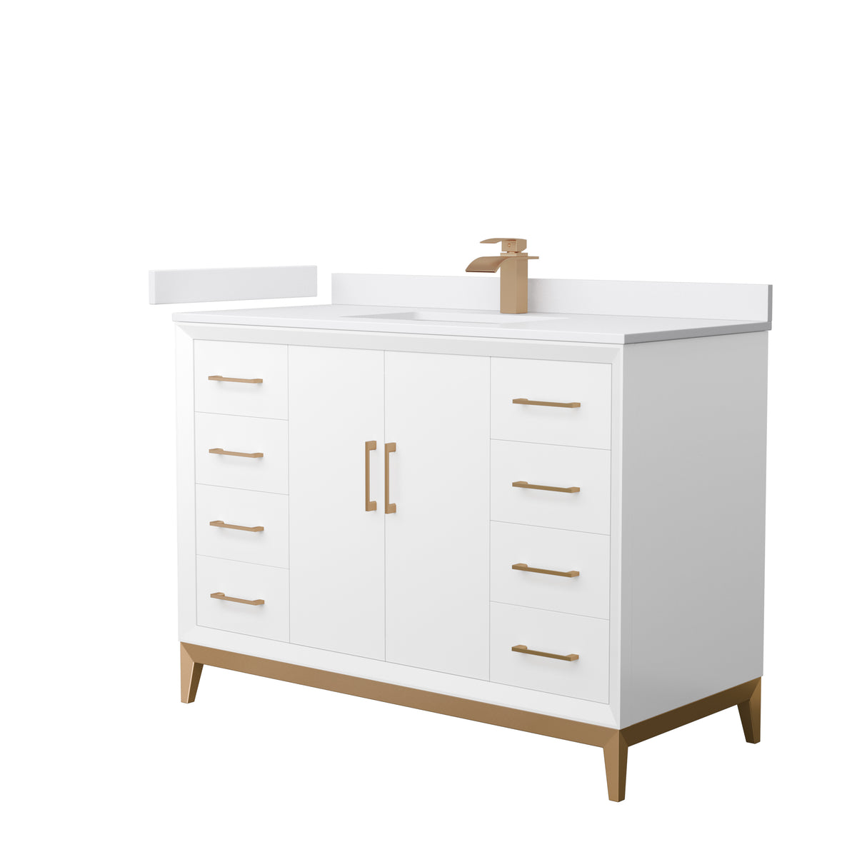 Amici 48 Inch Single Bathroom Vanity in White White Cultured Marble Countertop Undermount Square Sink Satin Bronze Trim