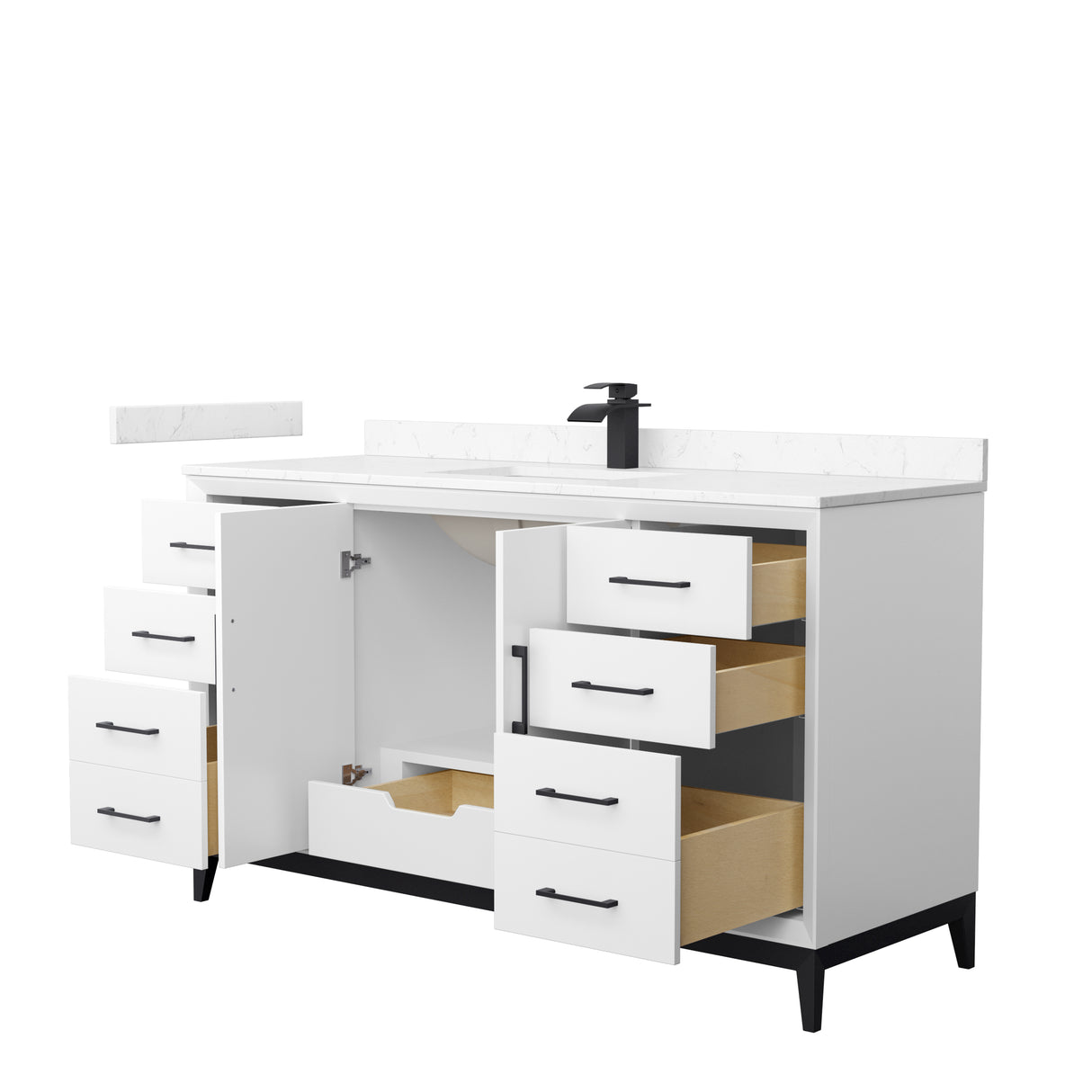 Amici 60 Inch Single Bathroom Vanity in White Carrara Cultured Marble Countertop Undermount Square Sink Matte Black Trim