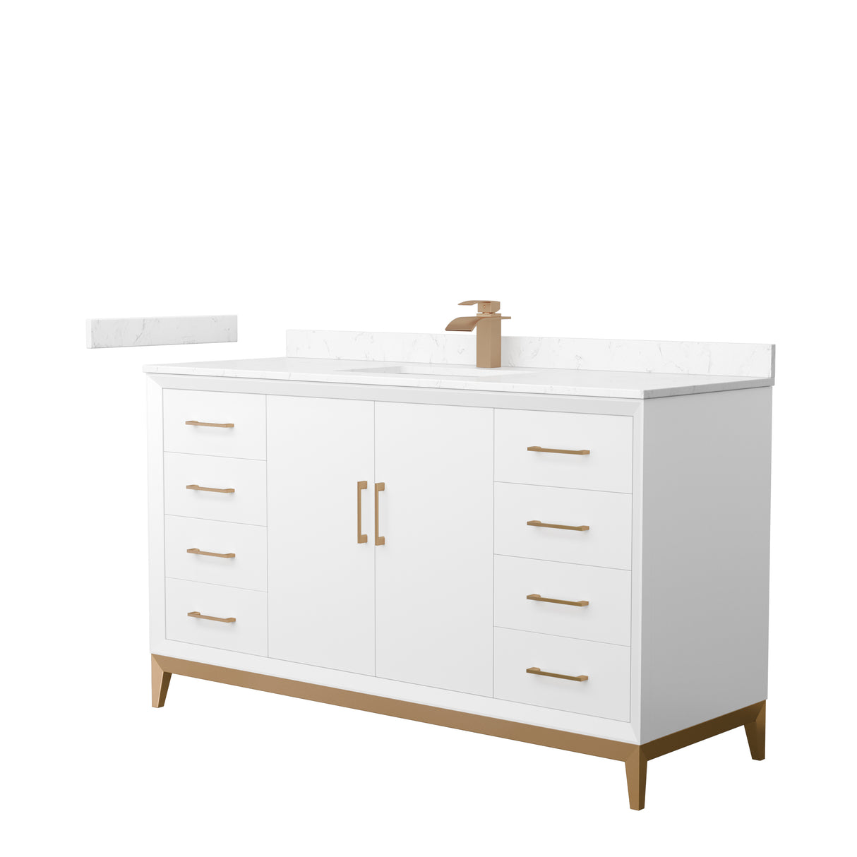 Amici 60 Inch Single Bathroom Vanity in White Carrara Cultured Marble Countertop Undermount Square Sink Satin Bronze Trim