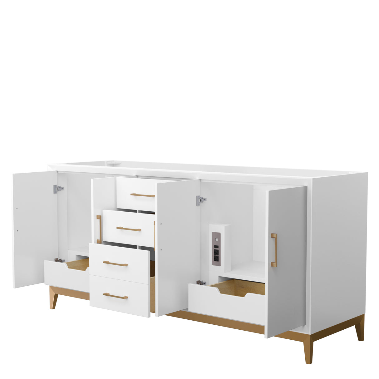 Amici 72 Inch Double Bathroom Vanity in White No Countertop No Sink Satin Bronze Trim