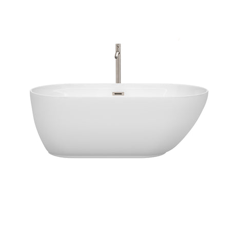 Melissa 60 Inch Freestanding Bathtub in White with Floor Mounted Faucet Drain and Overflow Trim in Brushed Nickel