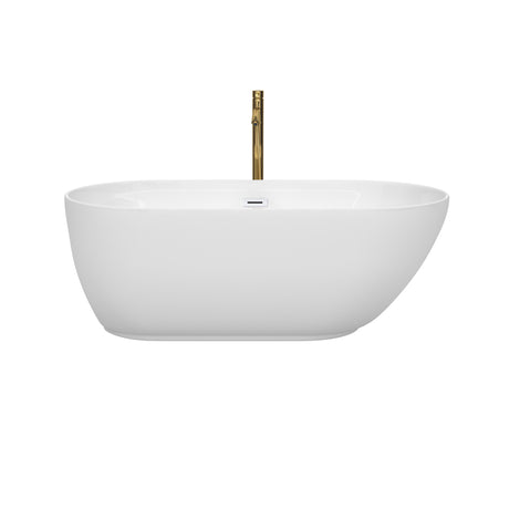 Melissa 60 Inch Freestanding Bathtub in White with Shiny White Trim and Floor Mounted Faucet in Brushed Gold