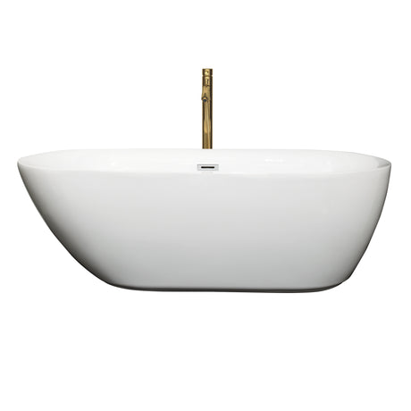 Melissa 65 Inch Freestanding Bathtub in White with Polished Chrome Trim and Floor Mounted Faucet in Brushed Gold