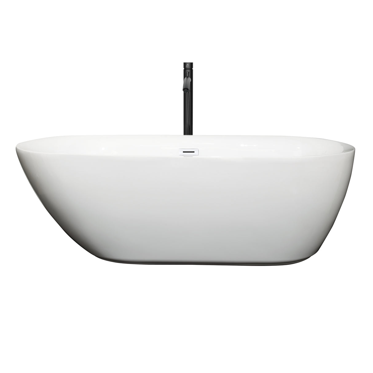 Melissa 65 Inch Freestanding Bathtub in White with Shiny White Trim and Floor Mounted Faucet in Matte Black