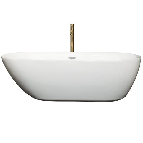 Melissa 71 Inch Freestanding Bathtub in White with Polished Chrome Trim and Floor Mounted Faucet in Brushed Gold