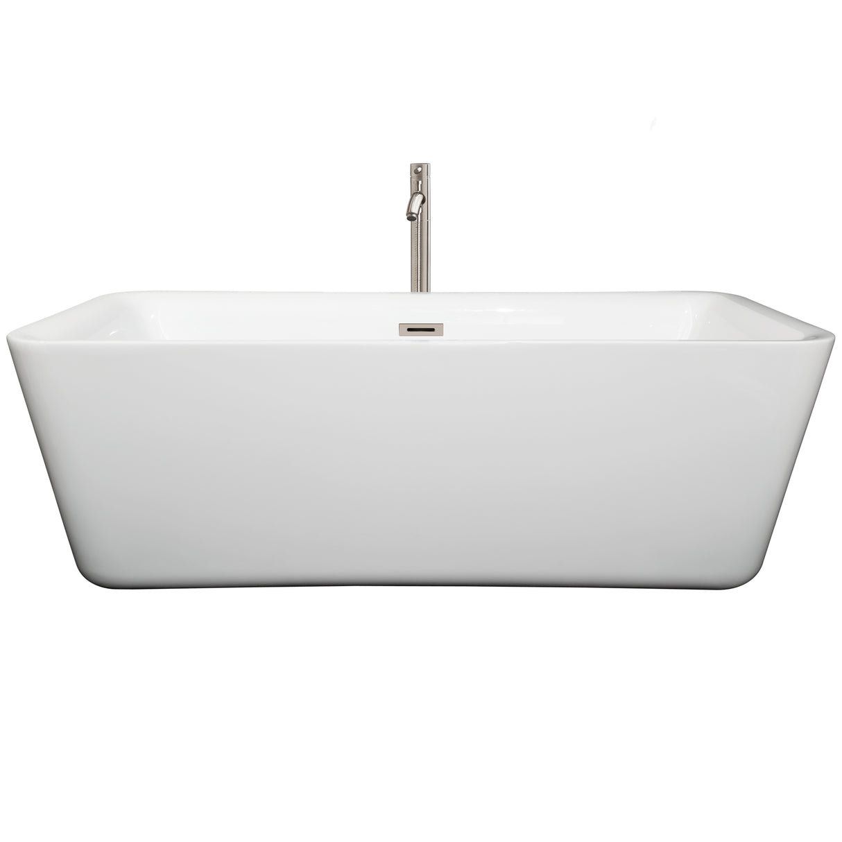 Emily 69 Inch Freestanding Bathtub in White with Floor Mounted Faucet Drain and Overflow Trim in Brushed Nickel