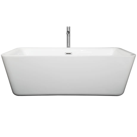 Emily 69 Inch Freestanding Bathtub in White with Floor Mounted Faucet Drain and Overflow Trim in Polished Chrome