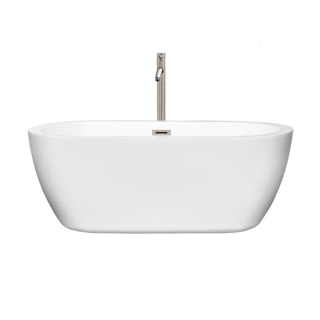 Soho 60 Inch Freestanding Bathtub in White with Floor Mounted Faucet Drain and Overflow Trim in Brushed Nickel