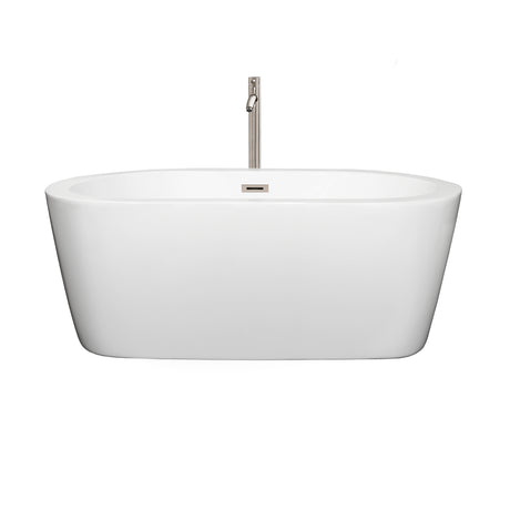 Mermaid 60 Inch Freestanding Bathtub in White with Floor Mounted Faucet Drain and Overflow Trim in Brushed Nickel