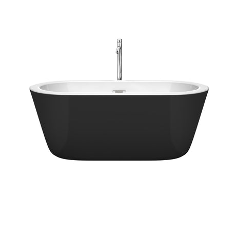 Mermaid 60 Inch Freestanding Bathtub in Black with White Interior with Floor Mounted Faucet Drain and Overflow Trim in Polished Chrome