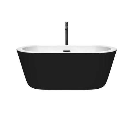 Mermaid 60 Inch Freestanding Bathtub in Black with White Interior with Floor Mounted Faucet Drain and Overflow Trim in Matte Black