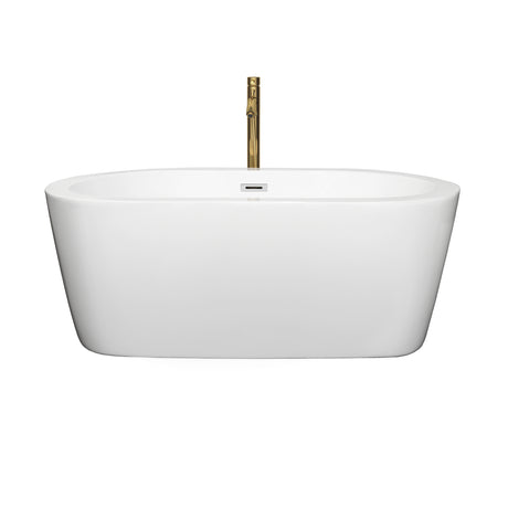 Mermaid 60 Inch Freestanding Bathtub in White with Polished Chrome Trim and Floor Mounted Faucet in Brushed Gold
