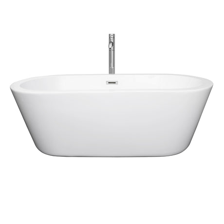 Mermaid 67 Inch Freestanding Bathtub in White with Floor Mounted Faucet Drain and Overflow Trim in Polished Chrome