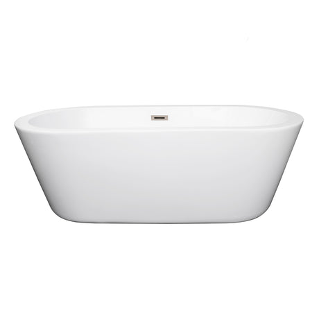 Mermaid 67 Inch Freestanding Bathtub in White with Brushed Nickel Drain and Overflow Trim