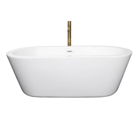 Mermaid 67 Inch Freestanding Bathtub in White with Shiny White Trim and Floor Mounted Faucet in Brushed Gold