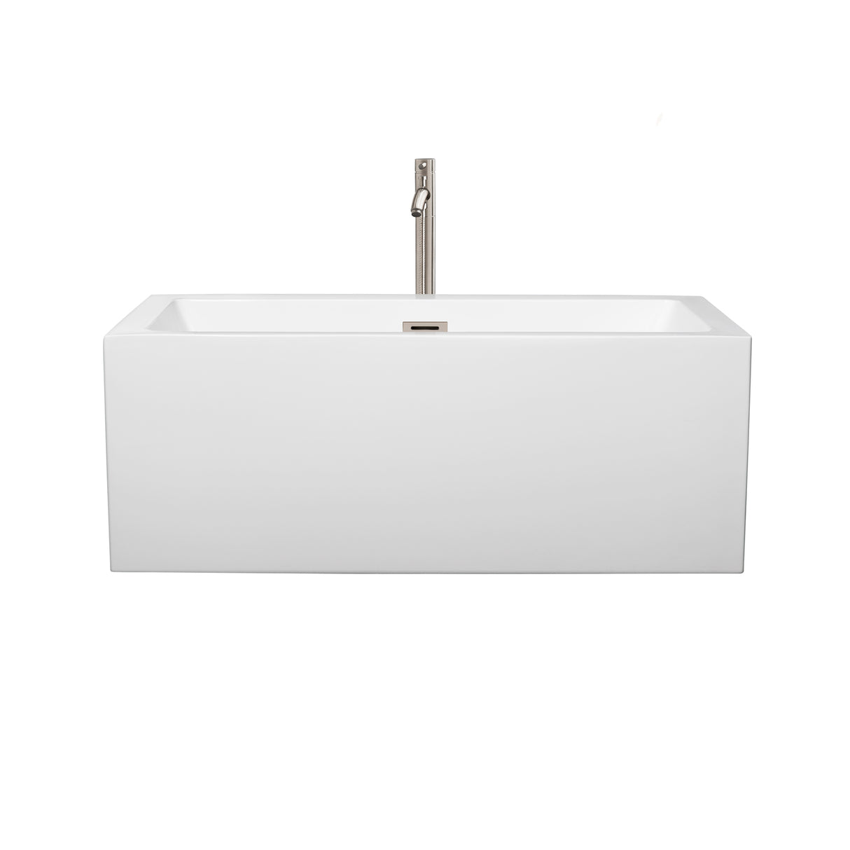 Melody 60 Inch Freestanding Bathtub in White with Floor Mounted Faucet Drain and Overflow Trim in Brushed Nickel