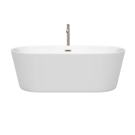 Carissa 67 Inch Freestanding Bathtub in White with Floor Mounted Faucet Drain and Overflow Trim in Brushed Nickel