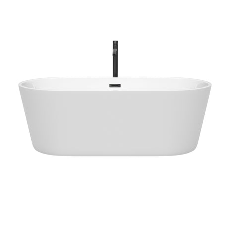 Carissa 67 Inch Freestanding Bathtub in White with Floor Mounted Faucet Drain and Overflow Trim in Matte Black