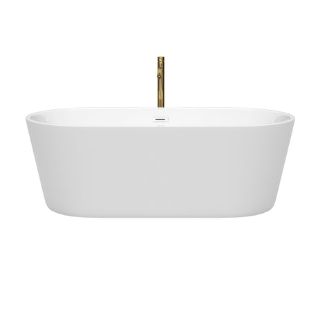 Carissa 67 Inch Freestanding Bathtub in White with Shiny White Trim and Floor Mounted Faucet in Brushed Gold