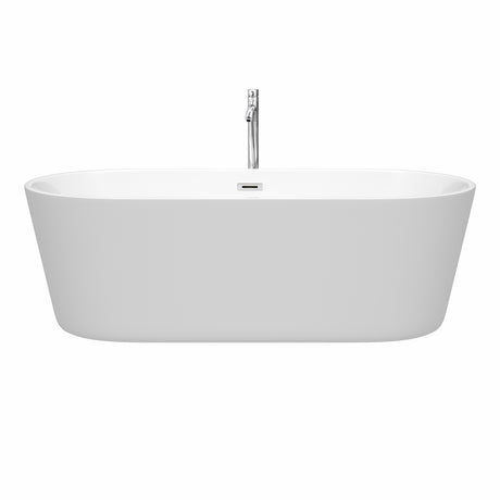 Carissa 71 Inch Freestanding Bathtub in White with Floor Mounted Faucet Drain and Overflow Trim in Polished Chrome