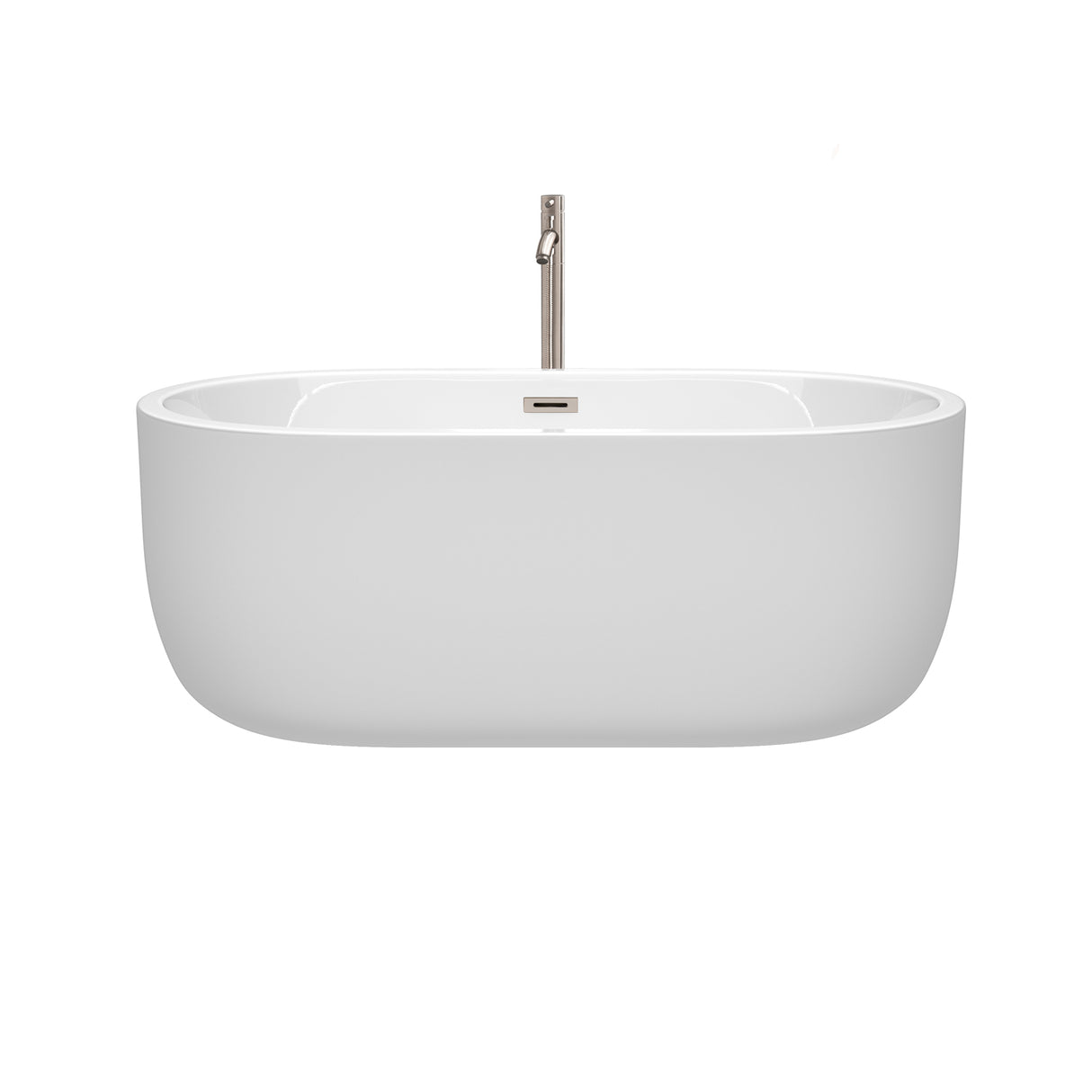 Juliette 60 Inch Freestanding Bathtub in White with Floor Mounted Faucet Drain and Overflow Trim in Brushed Nickel