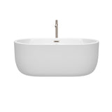 Juliette 60 Inch Freestanding Bathtub in White with Floor Mounted Faucet Drain and Overflow Trim in Brushed Nickel