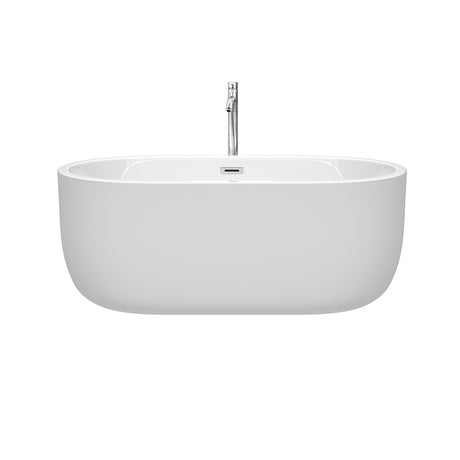 Juliette 60 Inch Freestanding Bathtub in White with Floor Mounted Faucet Drain and Overflow Trim in Polished Chrome