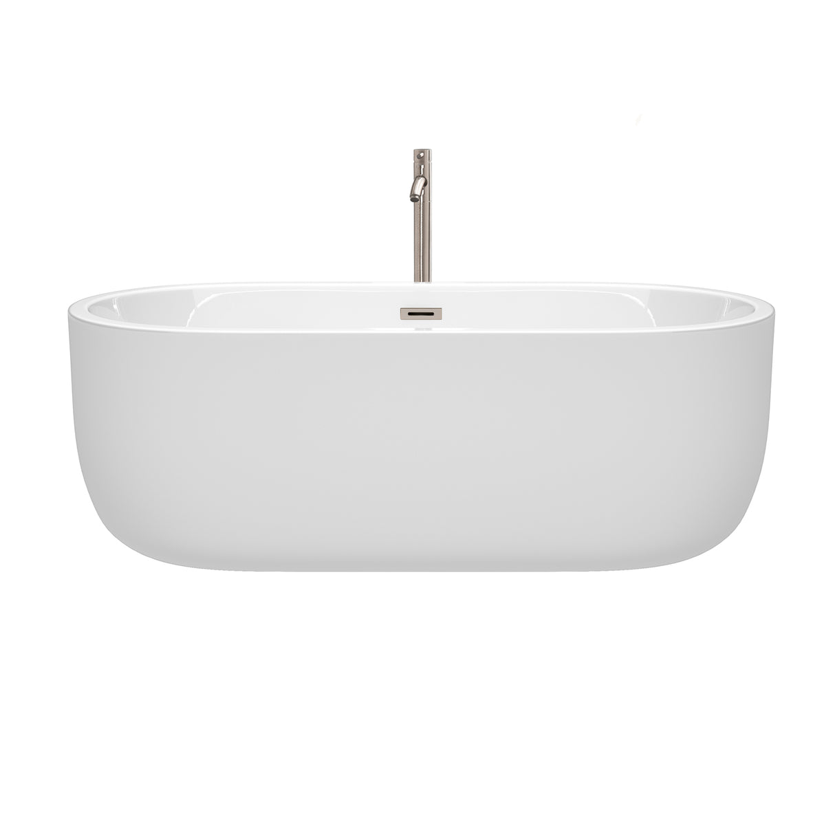 Juliette 67 Inch Freestanding Bathtub in White with Floor Mounted Faucet Drain and Overflow Trim in Brushed Nickel