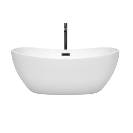 Rebecca 60 Inch Freestanding Bathtub in White with Floor Mounted Faucet Drain and Overflow Trim in Matte Black