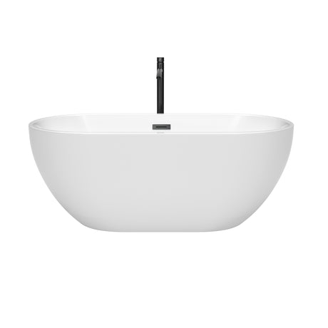 Brooklyn 60 Inch Freestanding Bathtub in White with Floor Mounted Faucet Drain and Overflow Trim in Matte Black