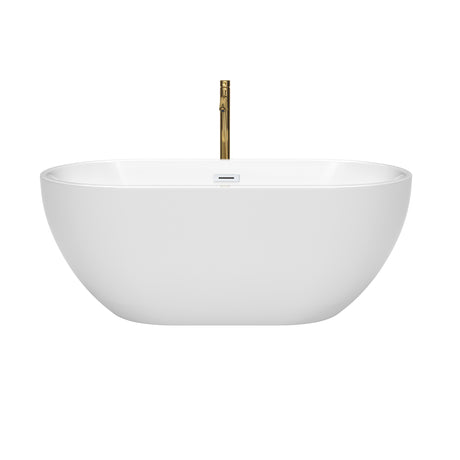 Brooklyn 60 Inch Freestanding Bathtub in White with Shiny White Trim and Floor Mounted Faucet in Brushed Gold