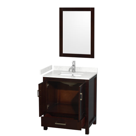 Sheffield 30 Inch Single Bathroom Vanity in Espresso Carrara Cultured Marble Countertop Undermount Square Sink 24 Inch Mirror