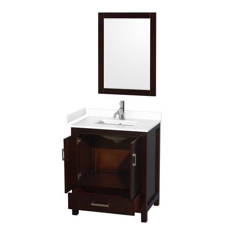 Sheffield 30 Inch Single Bathroom Vanity in Espresso White Cultured Marble Countertop Undermount Square Sink 24 Inch Mirror
