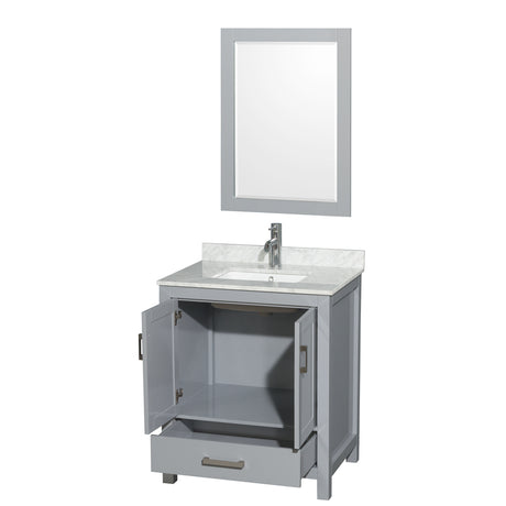 Sheffield 30 Inch Single Bathroom Vanity in Gray White Carrara Marble Countertop Undermount Square Sink and 24 Inch Mirror