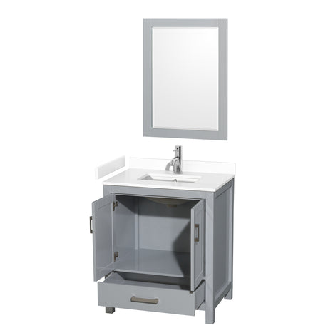 Sheffield 30 Inch Single Bathroom Vanity in Gray White Cultured Marble Countertop Undermount Square Sink 24 Inch Mirror