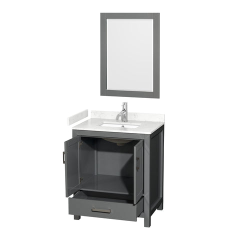 Sheffield 30 Inch Single Bathroom Vanity in Dark Gray Carrara Cultured Marble Countertop Undermount Square Sink 24 Inch Mirror