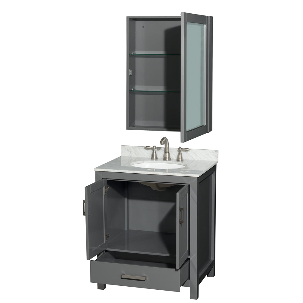 Sheffield 30 Inch Single Bathroom Vanity in Dark Gray White Carrara Marble Countertop Undermount Oval Sink and Medicine Cabinet